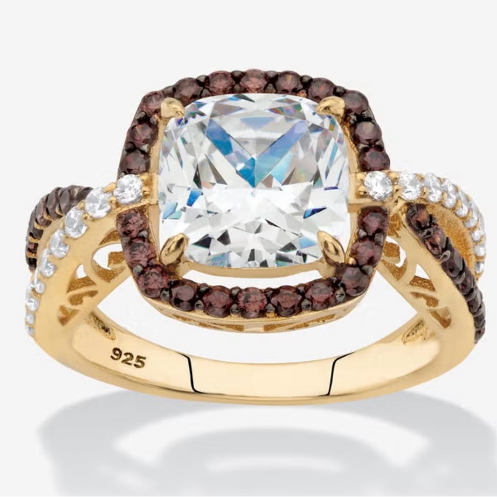 Gold & Silver Princess-Cut Cubic Zirconia Ring w/Brown CZ Surround Sz 11